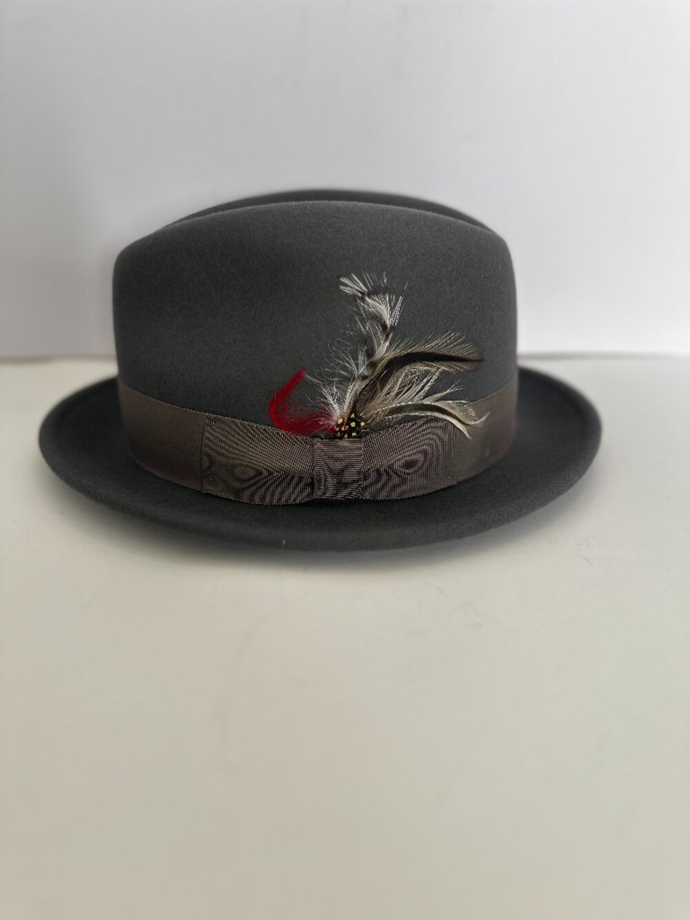 Belfry Handmade Grey Wool Fedora Hat Size Small Feather Accent USA Made
